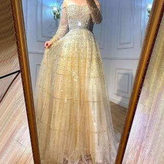 【女神婚紗禮服】高階平口香肩奢華縫珠宴會晚禮服 LA70292 香檳色(晚會主持人 舞會)