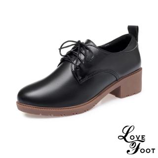 【LOVE FOOT 樂芙】真皮牛津鞋 粗跟牛津鞋/真皮舒適軟底繫帶粗跟牛津鞋(黑)