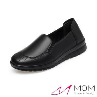 【MOM】真皮樂福鞋 厚底樂福鞋/真皮舒適軟底寬楦車線設計厚底樂福鞋(黑)