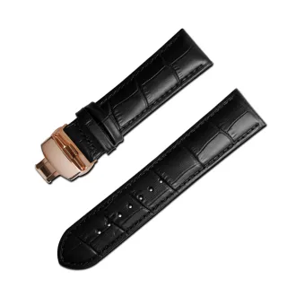 【Watchband】經典復刻時尚指標(壓紋真皮雙邊壓扣錶帶 黑x玫瑰金扣)