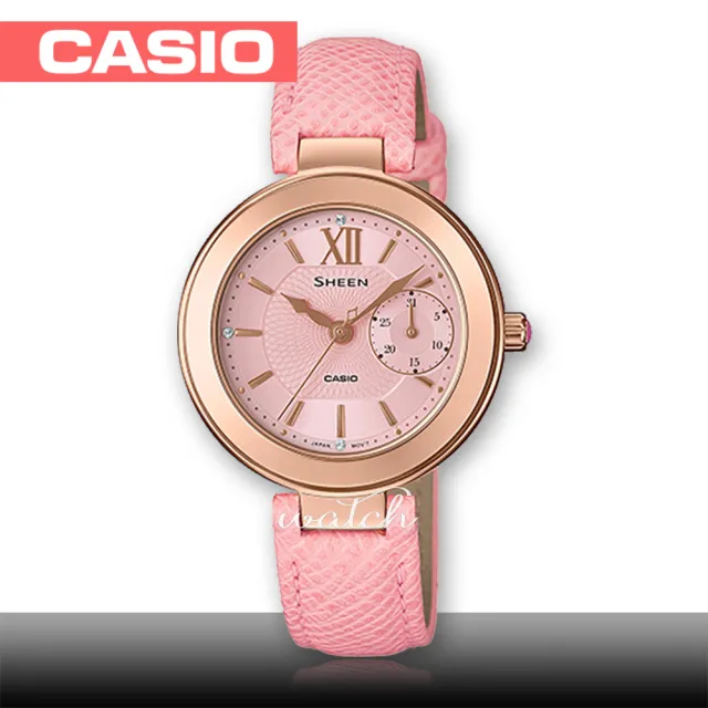【CASIO 卡西歐 SHEEN 系列】氣質首選_皮革錶帶_日期顯示_指針女錶(SHE-3051PGL)