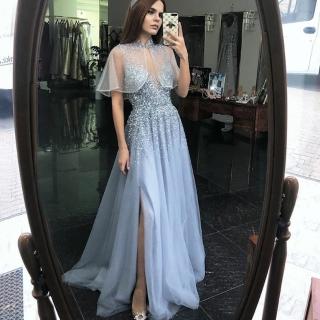 【女神婚紗禮服】極致時尚披肩高貴氣質開衩網紗宴會晚禮服 LA70672 灰色(訂婚禮服 酒會)