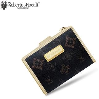 【Roberto Mocali 諾貝兔】母親節禮物 時尚優雅黑金皮夾系列 幸運草壓紋暗釦式三折短夾