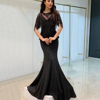 【女神婚紗禮服】高階五分袖奢華流蘇氣質魚尾宴會晚禮服 LA70542 黑色(媽媽服 年會主持人)