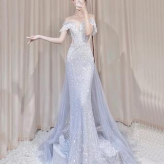 【女神婚紗禮服】高階銀色夢幻人魚閃鑽魚尾宴會晚禮服 LA70813(主持人 表演禮服)