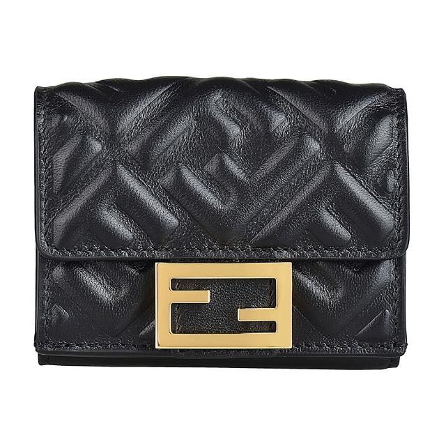 【FENDI 芬迪】FENDI Micro雙F金字LOGO小羊皮3卡壓釦式三折短夾(黑)