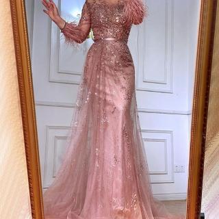 【女神婚紗禮服】高階輕奢羽毛氣質魚尾宴會晚禮服 LA70827 粉色(訂婚禮服 新娘)