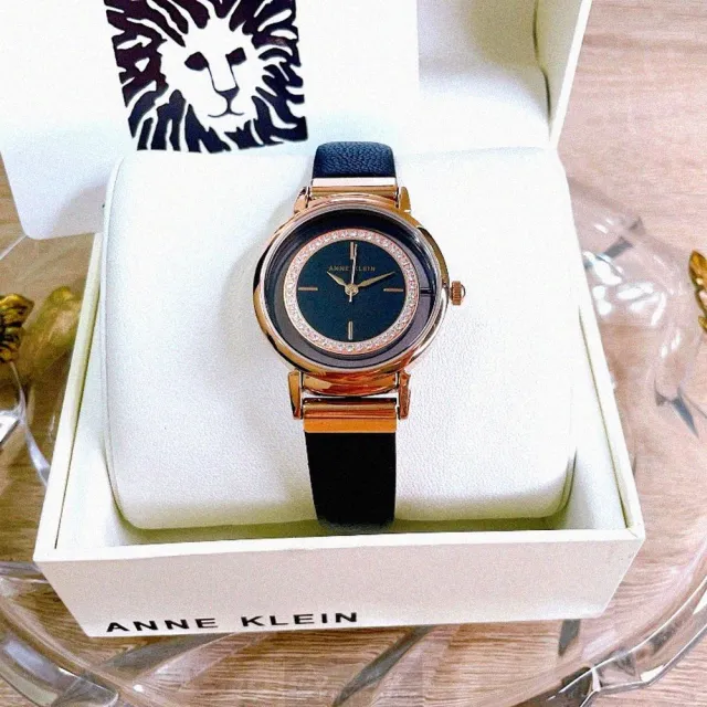 【ANNE KLEIN】AnneKlein手錶型號AN00617(黑玫瑰金色錶面玫瑰金錶殼深黑色真皮皮革錶帶款)