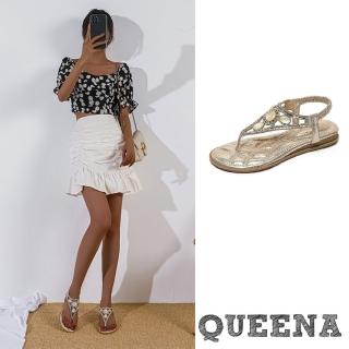 【QUEENA】平底涼鞋 美鑽涼鞋/復古華麗寶石縷空美鑽鑲嵌夾腳平底涼鞋(金)