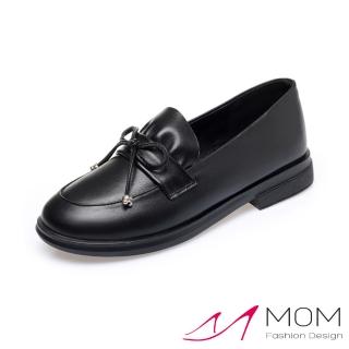 【MOM】真皮樂福鞋 低跟樂福鞋/真皮小圓頭蝴蝶結繫帶造型低跟樂福鞋(黑)