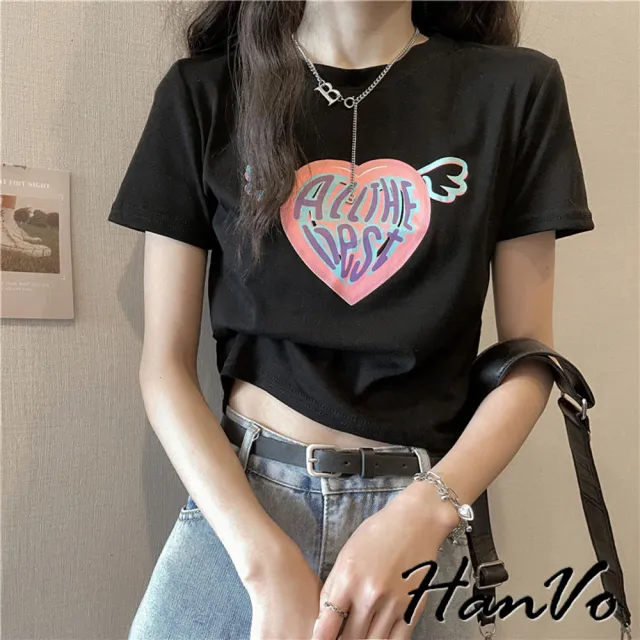 【HanVo】現貨 天使翅膀愛心修身短版T恤(親膚透氣百搭顯瘦圓領短袖上衣 韓系女裝 女生衣著 A01-0037)