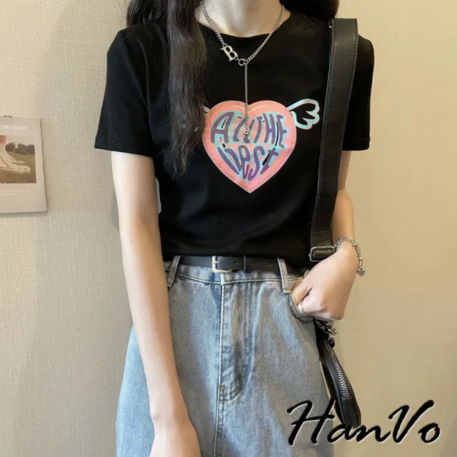 【HanVo】現貨 天使翅膀愛心修身短版T恤(親膚透氣百搭顯瘦圓領短袖上衣 韓系女裝 女生衣著 A01-0037)