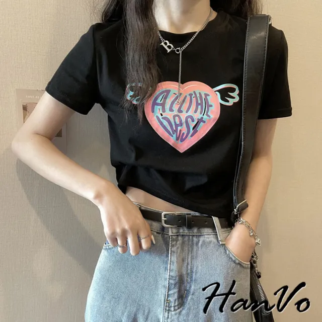 【HanVo】現貨 天使翅膀愛心修身短版T恤(親膚透氣百搭顯瘦圓領短袖上衣 韓系女裝 女生衣著 A01-0037)