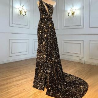 【女神婚紗禮服】高階單肩開叉性感優雅宴會晚禮服 LA70297 金色(晚宴服 頒獎禮服)
