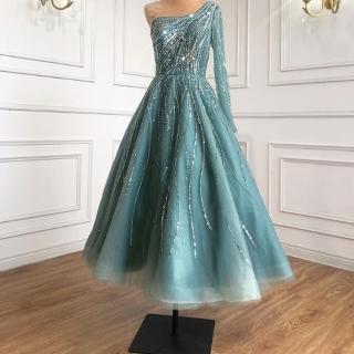 【女神婚紗禮服】高階多色中長款單肩奢華大氣宴會晚禮服 LA71021 藍綠色(晚宴服 派對)