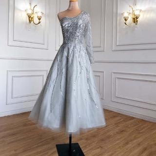 【女神婚紗禮服】高階多色中長款單肩奢華大氣宴會晚禮服 LA71021 銀灰色(晚宴服 派對)