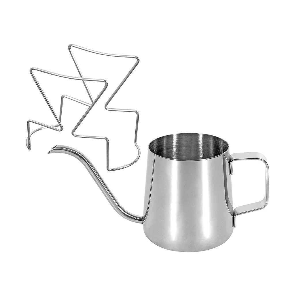 【Cofeel 凱飛】不鏽鋼濾掛咖啡架+不鏽鋼掛耳咖啡壺/手沖壺/細嘴壺350ml(送凱飛濾掛咖啡3包-風味隨機)