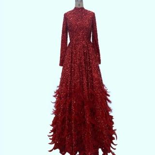 【女神婚紗禮服】高階亮片羽毛奢華宴會晚禮服 HM67124 紅色高領(新娘 敬酒服)