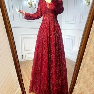 【女神婚紗禮服】高階蕾絲縫珠宴會晚禮服 LA71029 酒紅色(敬酒服 晚宴服)