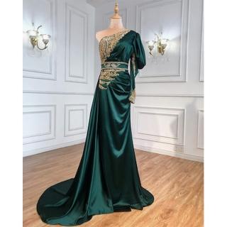 【女神婚紗禮服】高階法式緞面單肩宴會晚禮服 LA71200 綠色(主持人 表演禮服)