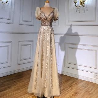 【女神婚紗禮服】高階輕奢修身泡泡袖宴會晚禮服 LA71551 焦糖色(訂婚禮服 晚宴服)