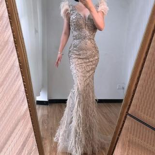 【女神婚紗禮服】極致顯瘦奢華亮片宴會晚禮服 LA70572 裸色(年會主持人 敬酒服)