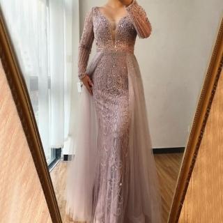 【女神婚紗禮服】高階深V時尚魚尾宴會晚禮服 LA70433 粉色(敬酒服 訂婚禮服)