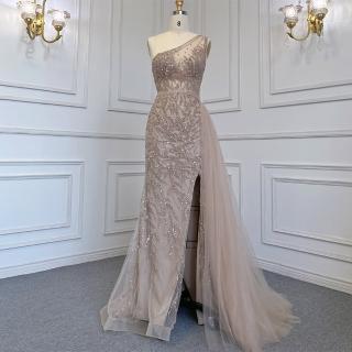 【女神婚紗禮服】高階縫珠氣質名媛單肩顯瘦宴會晚禮服 LA71582 焦糖色(晚宴服 派對)