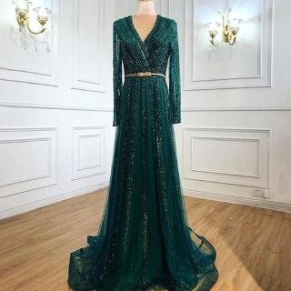 【女神婚紗禮服】極致深V輕奢墜地裙擺宴會晚禮服 LA70790 綠色(主持人 媽媽服)