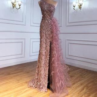 【女神婚紗禮服】高階單肩開衩氣質宴會晚禮服 LA70829 粉紅色(表演禮服 頒獎禮服)