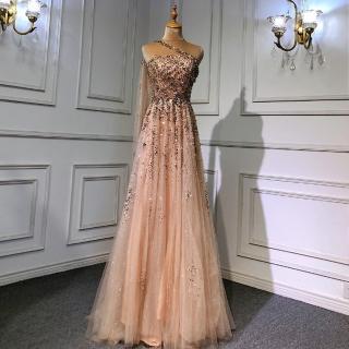 【女神婚紗禮服】高階單肩氣質紗裙宴會晚禮服 LA71432 金色(主持人 晚宴服)
