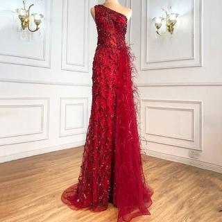 【女神婚紗禮服】高階單肩開衩氣質宴會晚禮服 LA70829 酒紅色(表演禮服 頒獎禮服)