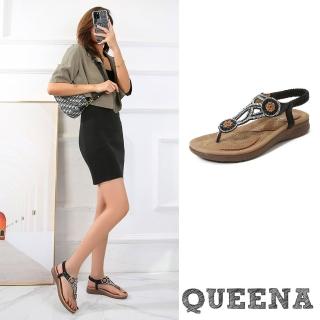 【QUEENA】平底涼鞋 美鑽涼鞋/波西米亞民族風閃耀美鑽花朵串珠造型平底涼鞋(黑)