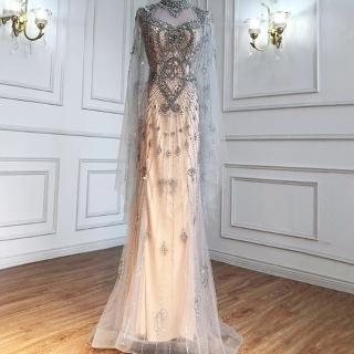【女神婚紗禮服】高階飄袖顯瘦華麗優雅宴會晚禮服 LA71187 銀裸色(主持人 晚宴服)