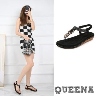 【QUEENA】厚底涼鞋 T字涼鞋/波西米亞民族風金屬釦串珠T字夾腳厚底涼鞋(黑)