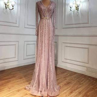 【女神婚紗禮服】極致深V輕奢墜地裙擺宴會晚禮服 LA70790 粉色(主持人 媽媽服)
