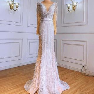 【女神婚紗禮服】高階白色魚尾珍珠奢華宴會晚禮服 LA70633(主持人 表演禮服)