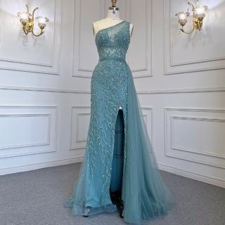 【女神婚紗禮服】高階縫珠氣質名媛宴會單肩顯瘦晚禮服LA71582藍綠色(晚宴服 派對)