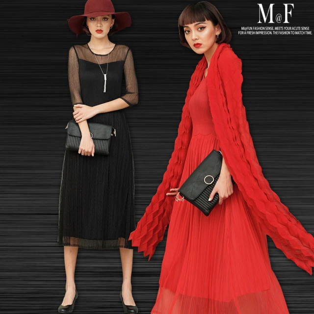 【M@F摺衣】網紗壓褶修身洋裝-F(黑/紅)