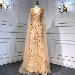 【女神婚紗禮服】高階時尚飄袖魚尾宴會晚禮服 LA71496 金色(主持人 表演禮服)