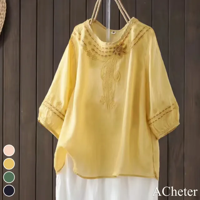 【ACheter】復古麻感文藝手工刺繡圓領七分袖氣質薄款寬鬆中長上衣#118308(粉/黃/綠/藏青)