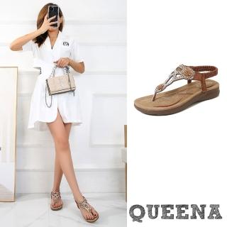 【QUEENA】平底涼鞋 美鑽涼鞋/波西米亞民族風閃耀美鑽花朵串珠造型平底涼鞋(3色任選)