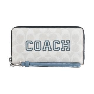 【COACH】COACH Varsity字母LOGO印花PVC拉鍊長夾(粉筆白x淺靛藍)