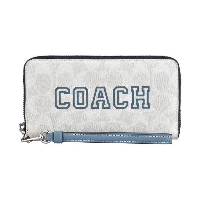 【COACH】COACH Varsity字母LOGO印花PVC拉鍊長夾(粉筆白x淺靛藍)