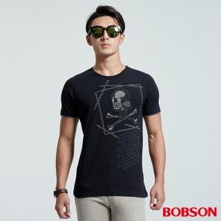 【BOBSON】男款短袖貼鋁片上衣(黑26014-88)