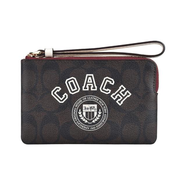 【COACH】COACH Varsity字母LOGO印花搭學院風設計PVC拉鍊手拿包(深棕x白)