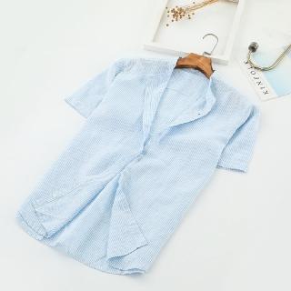 【米蘭精品】現貨+預購 亞麻襯衫短袖上衣(清新條紋立領寬鬆男上衣74ev30)