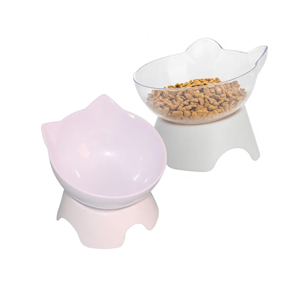 15度斜口護頸寵物碗 單座 白色/透明 可拆洗(雙耳造型 寵物碗架 貓碗/狗碗 飼料碗/水盆)