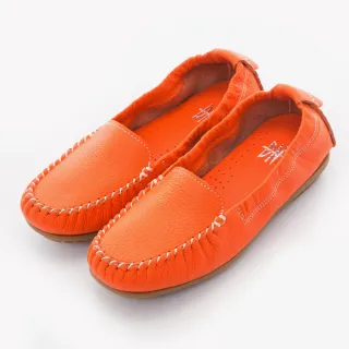 【DN】舒適柔軟 全真皮手工縫線莫卡辛豆豆鞋(橘)