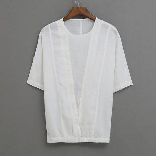 【米蘭精品】現貨+預購 亞麻T恤短袖上衣(圓領假兩件寬鬆休閒男上衣2色74ev15)